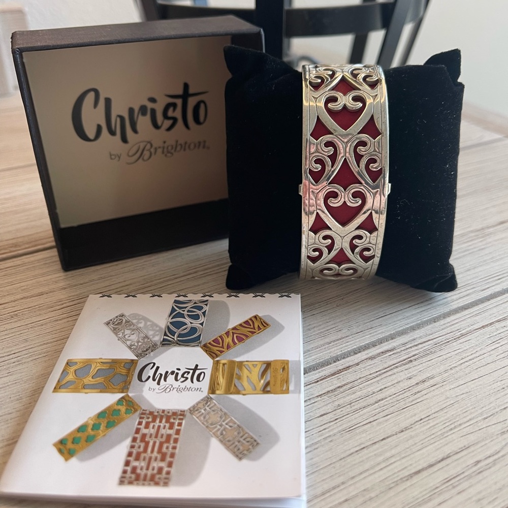 Brighton Christo Madrid Silver Heart Cuff Bracelet Set Leather Band Original Box